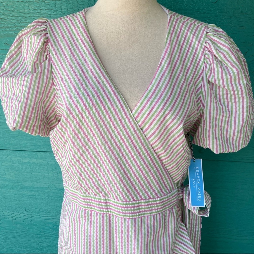 DRAPER JAMES PUFF SLEEVE WRAP DRESS PINK GREEN STRIPES SEERSUCKER SIZE LARGE NWT